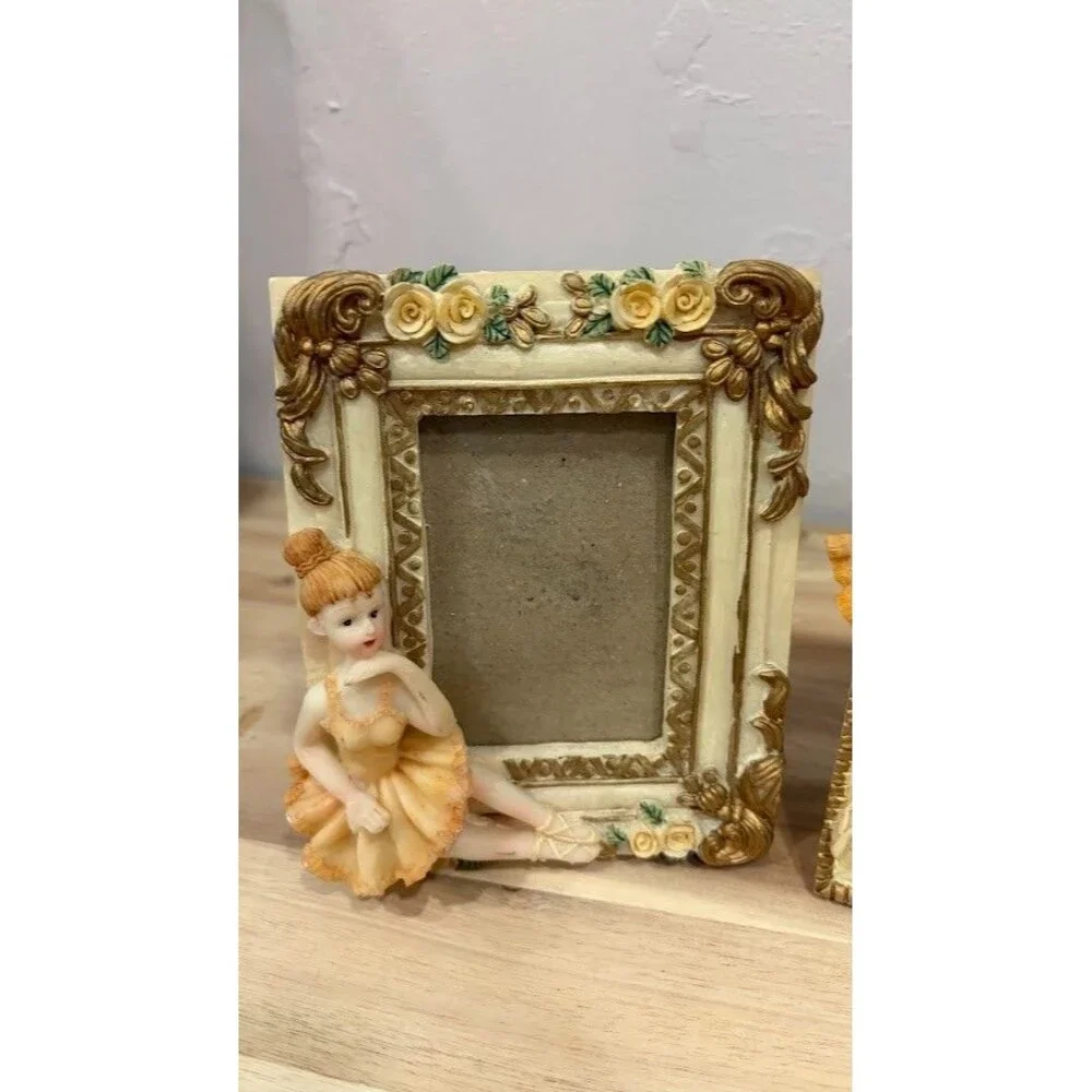 2 Yellow Rose Gold Accent Ballerina Vintage Stand Picture Frames 4 1/4